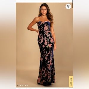 Lulu’s Bloom in Mind navy blue floral print velvet strapless maxi dress
